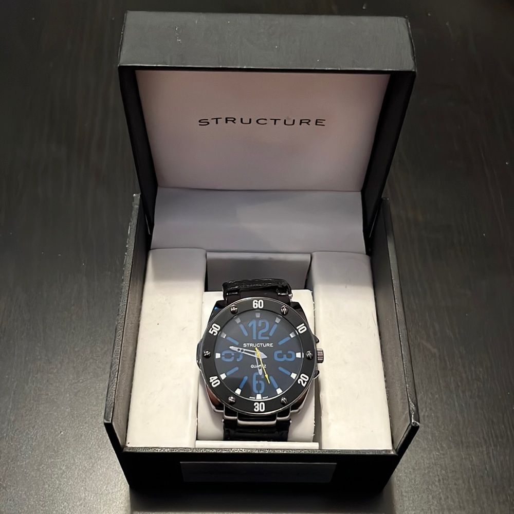 Large Face Black & Blue Structure Watch, New in Box - some defects, see photos